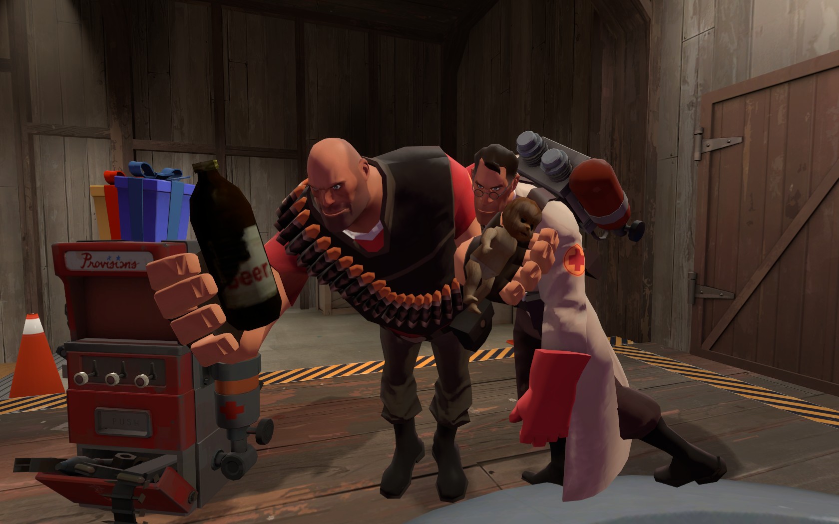 the medic is drunk so he is leaning on the heavy to keep balence